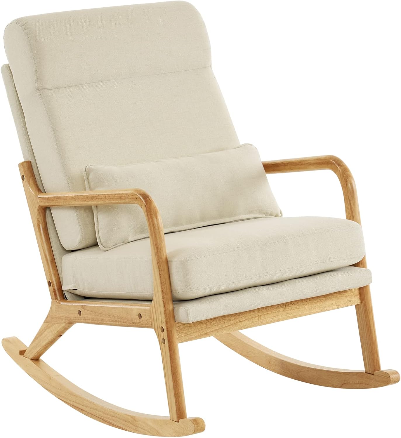 100 * 65 * 101cm High Back Belt Waist Pillow Log Color Solid Wood Armrest Backrest Seat Frame Iron Frame Indoor Rocking Chair/Armchair Dual use Off-White Linen