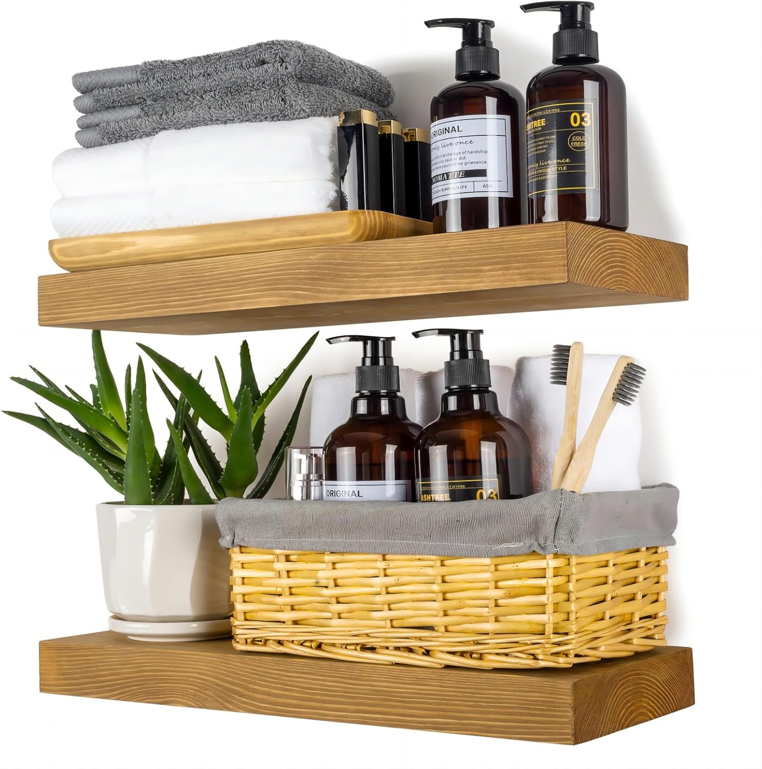 Wood Floating Shelves,16 inch Rustic Wood Wall Shelves for Bathroom Living Room Bedroom Kitchen Farmhouse Laundry Room Set of 2,Handmade-Thickened Wall Shelf,Oak Color