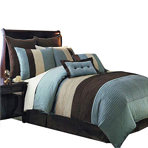 Royal Hotel Bedding Hudson Teal-Blue, Brown, and Cream Olympic Queen Size Luxury 8 Piece Comforter Set Includes Comforter, Bed Skirt, Pillow Shams, Decorative Pillows