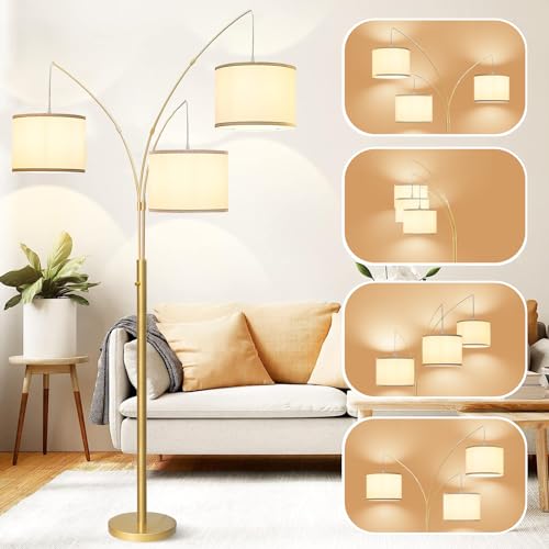 3 Lights Arc Floor Lamps for Living Room,Modern Tall Standing Lamp Hanging Over The Couch with Shades & Heavy Base,Mid Century Black Tree Floor Lamp for Bedroom Office