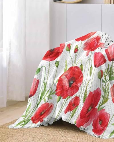 Poppy Floral Red Sofa Cover Couch Covers for 3 Cushion Couch Throw Couch Cover with Tassel Soft Sofa Slipcover Vintage Watercolor Butterfly Leaves White Couch Furniture Protector for Dog Pet 71