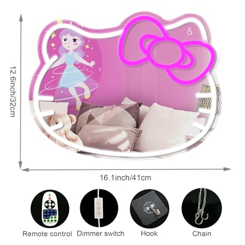 Anime Cat Makeup Mirror LED Neon Light Signs Vanity Mirrors USB Powered Dimmable Acrylic Mirror with Lights Makeup Mirror Wall Bedroom Room Holiday Party Mirrors Decoration (White Yellow)