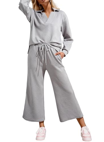 SHEWIN 2 Piece Sets for Women Fall Outfits Collared V Neck Long Sleeve Polo Shirts Tops Lounge Set Tracksuits Sweatsuits