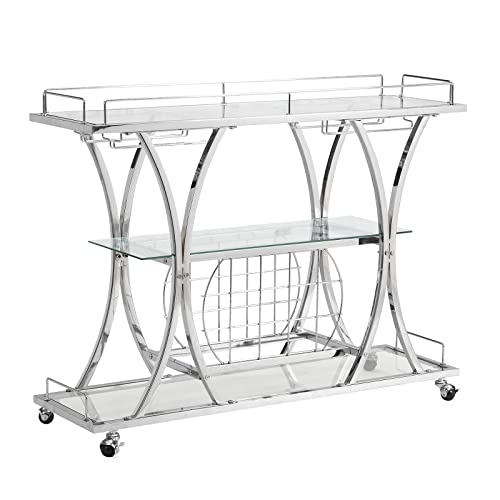 KIVENJAJA Gold Bar Cart, Kitchen Serving Cart with Wine Racks & Glass Holder, 3-Tier Mirrored Shelves Metal Frame Mobile Coffee Wine Barcart Trolley on Wheel for Home
