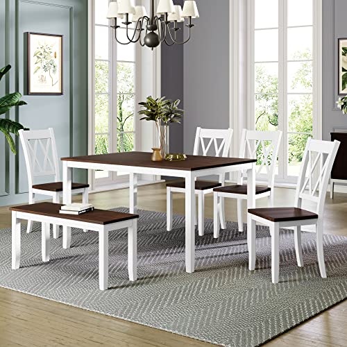 6-Piece Dining Table Set, Wood Rectangular Dining Table with Upholstered Bench and 4 Dining Chairs, Farmhouse Style Kitchen Table Set, Dining Room Set for 6 (Gray+White)