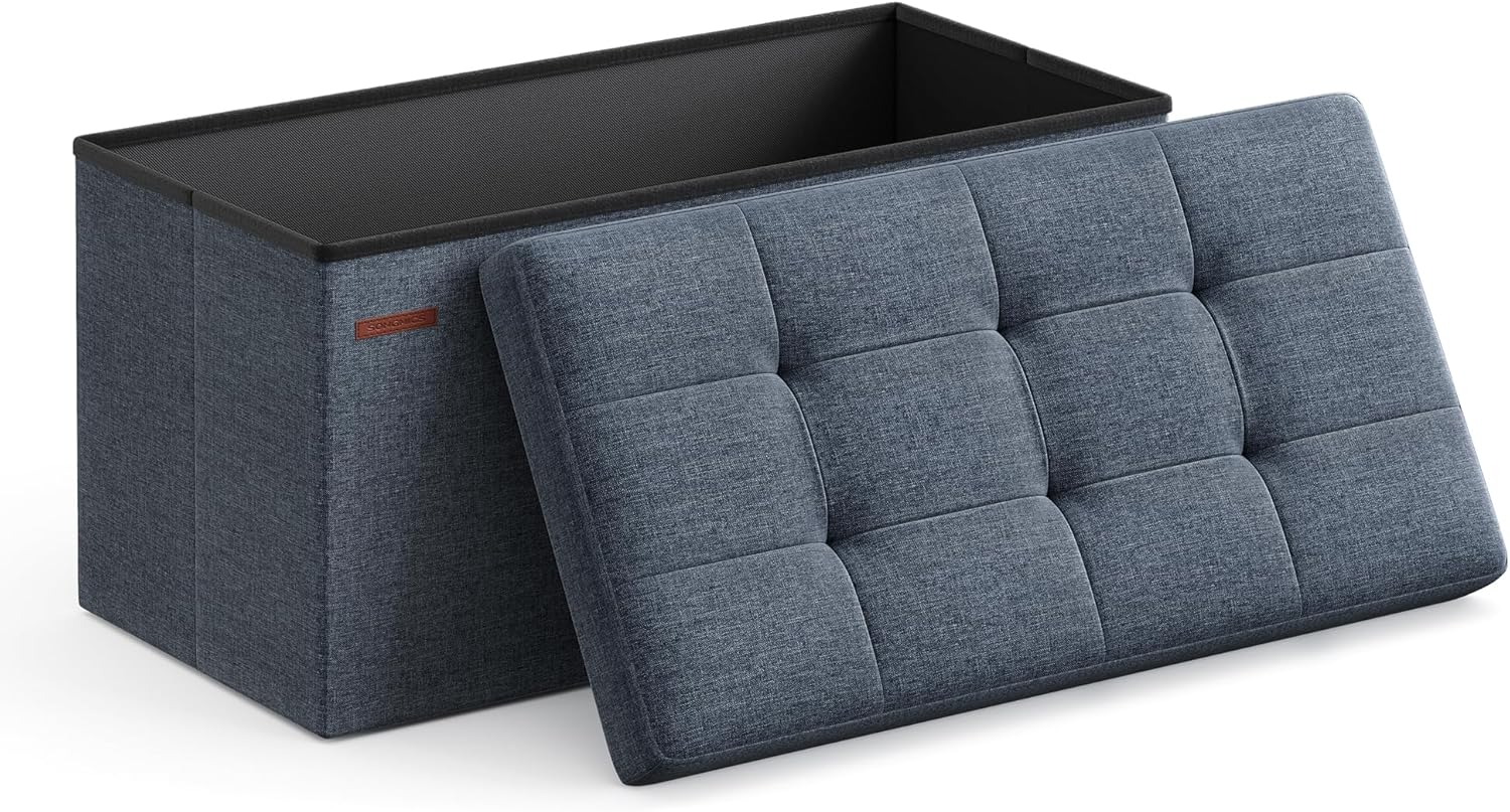 SONGMICS 15 x 30 x 15 Inches Folding Storage Ottoman Bench, Storage Chest, Foot Rest Stool, Light Denim Blue ULSF047Q01