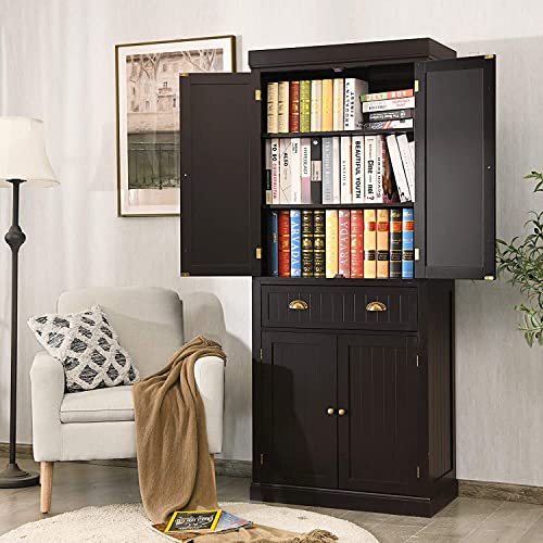 Kitchen Pantry, 72”H Wood Cupboard with Large Drawer, 2 Double-Door 4 Adjustable Shelves, Utility Storage Cabinets, Black