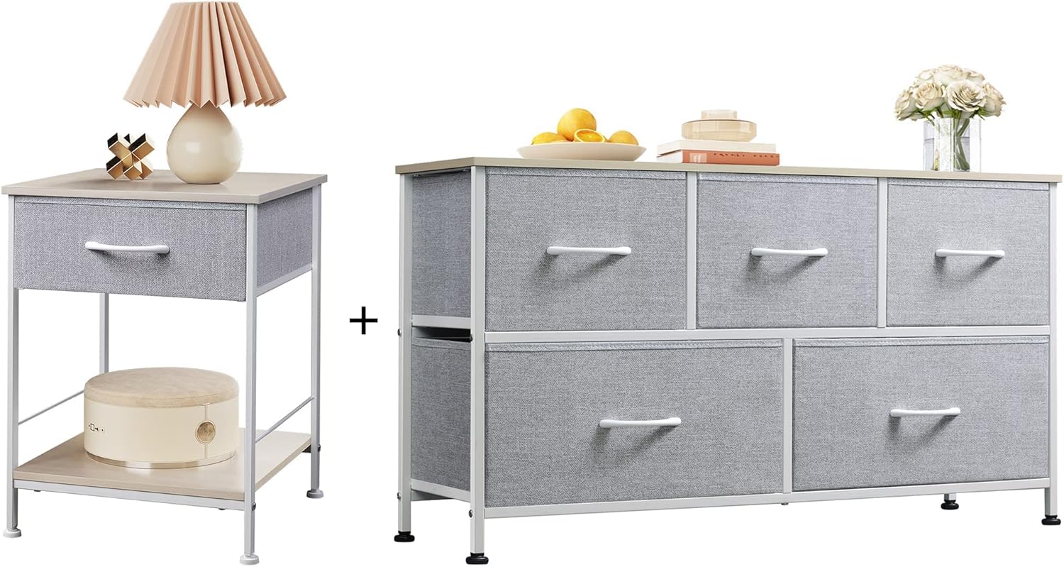 WLIVE 1-Drawer Nightstand and 5-Drawer Dresser Set, Fabric Storage Tower for Bedroom, Hallway, Nursery, Closets, Tall Chest Organizer Unit with Textured Print Fabric Bins, Steel Frame