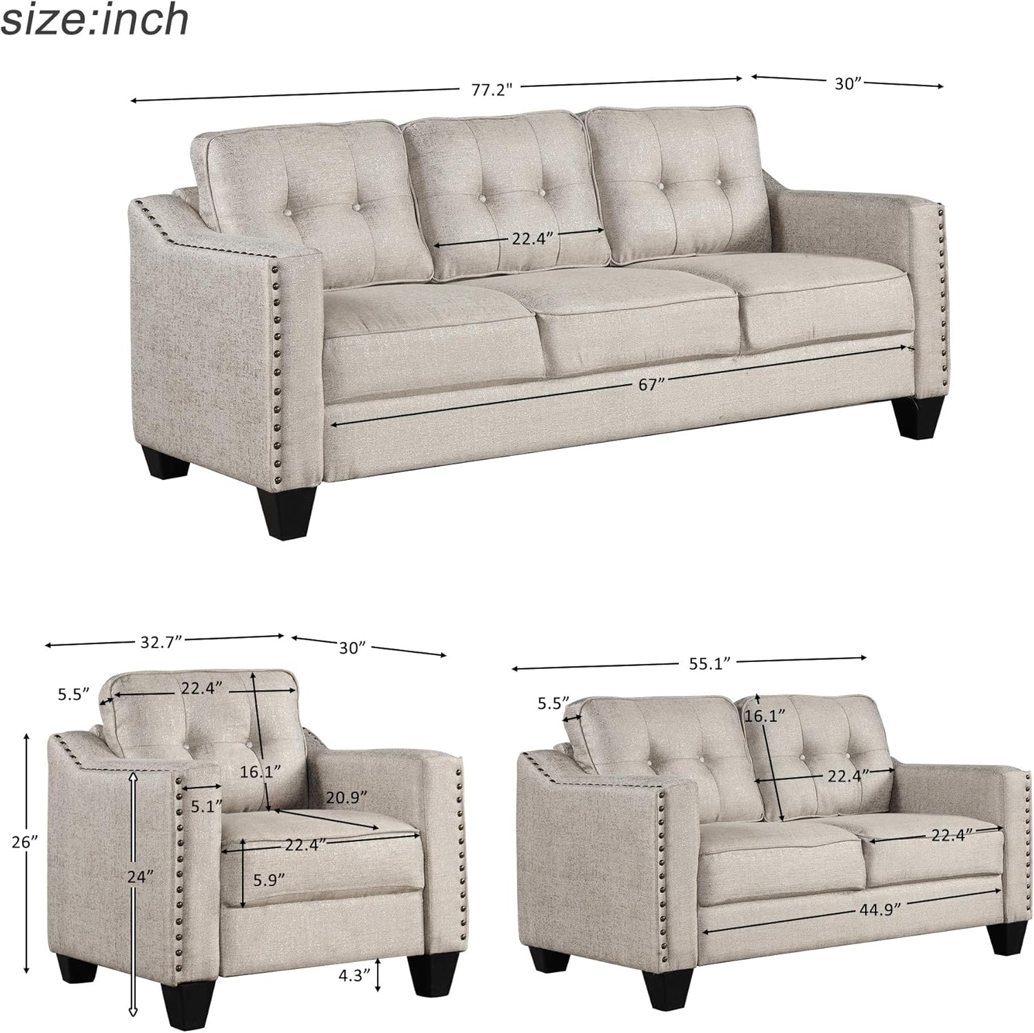 Furniture, 6 Seat Corner Velvet Sectional Couches with Soft Back Cushions and Strong Wooden Leg, 3-Pices Combination Sofa Set for Living Room/Apartment/Office, Warm Grey