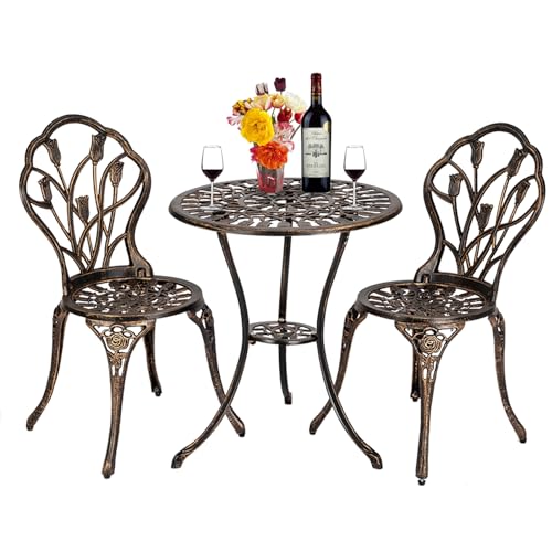European Style Cast Aluminum Outdoor 3 Piece Tulip Bistro Set of Table and Chairs Bronze Household