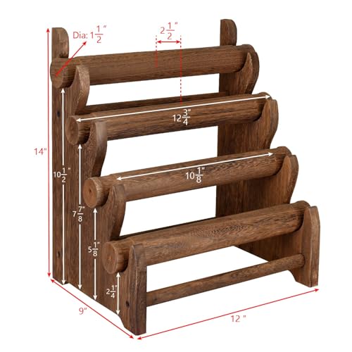 Ikee Design 2 Pcs Antique Wooden 4 Tier Jewelry Bracelet Display Stand Bangle Scrunchie Organizer Holder for Store, Showcase and Home Storage, 12 W x 9 D x 14 H in, Brown Color
