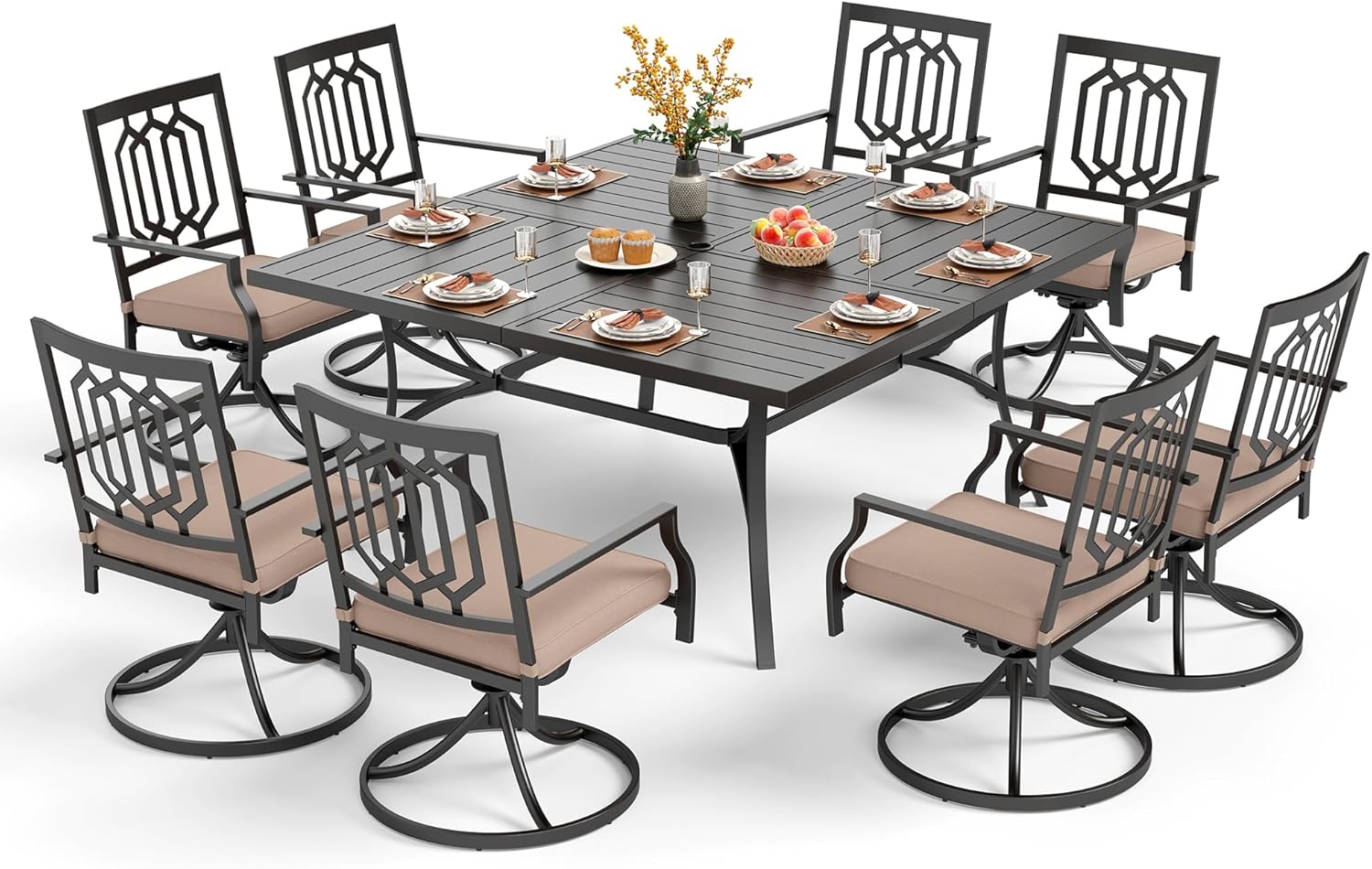 PHI VILLA 9-Piece Outdoor Dining Set, Square Metal Table (60