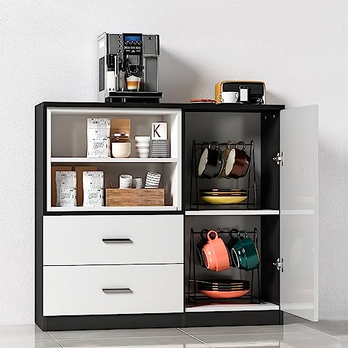 soges 31.5 inches Sideboard Buffet Cabinet Side Cabinet Cupboard Storage Cabinet, Coffee Bar Station with 2 Drawers and Storage Shelves, Black & White