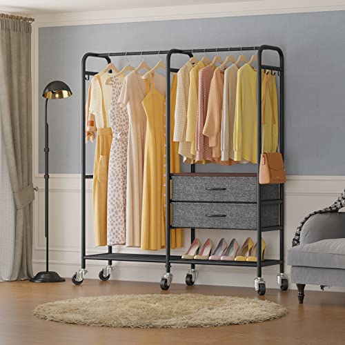 Timate P4 Rolling Clothes Rack for Hanging Clothes, Metal Clothing Rack with Drawers & Lockable Wheels, Heavy Duty Garment Rack Free Standing Closet Rack for Bedroom, 49.6