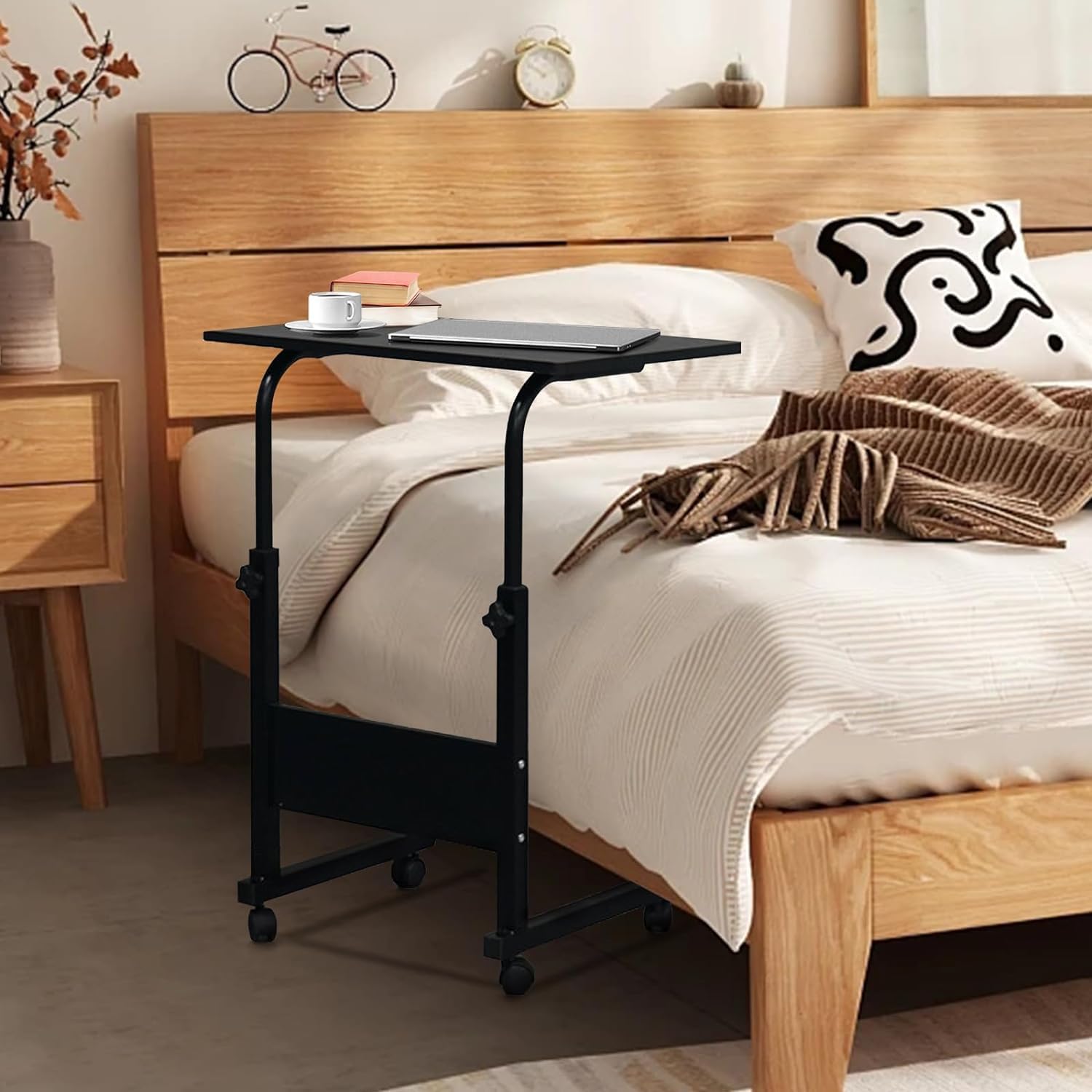 Mobile Side Table 31.5 inch Computer Desk with Wheels Height Adjustable Rolling Potable Laptop Cart, C-Shaped Bed Couch Sofa End Tables with Edge Stopper for Livingroom Bedroom, Black