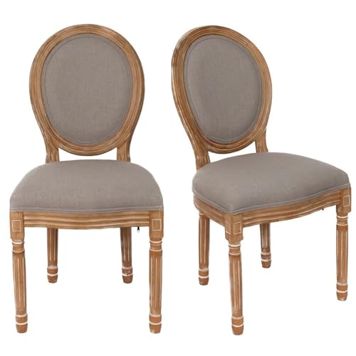 Set of 2 French Country Style Dining Chairs, Upholstered Oval Backrest, Solid Wood Frame, Linen Fabric, Comfortable and Elegant for Dining Room, Living Room, Kitchen, Antique grey