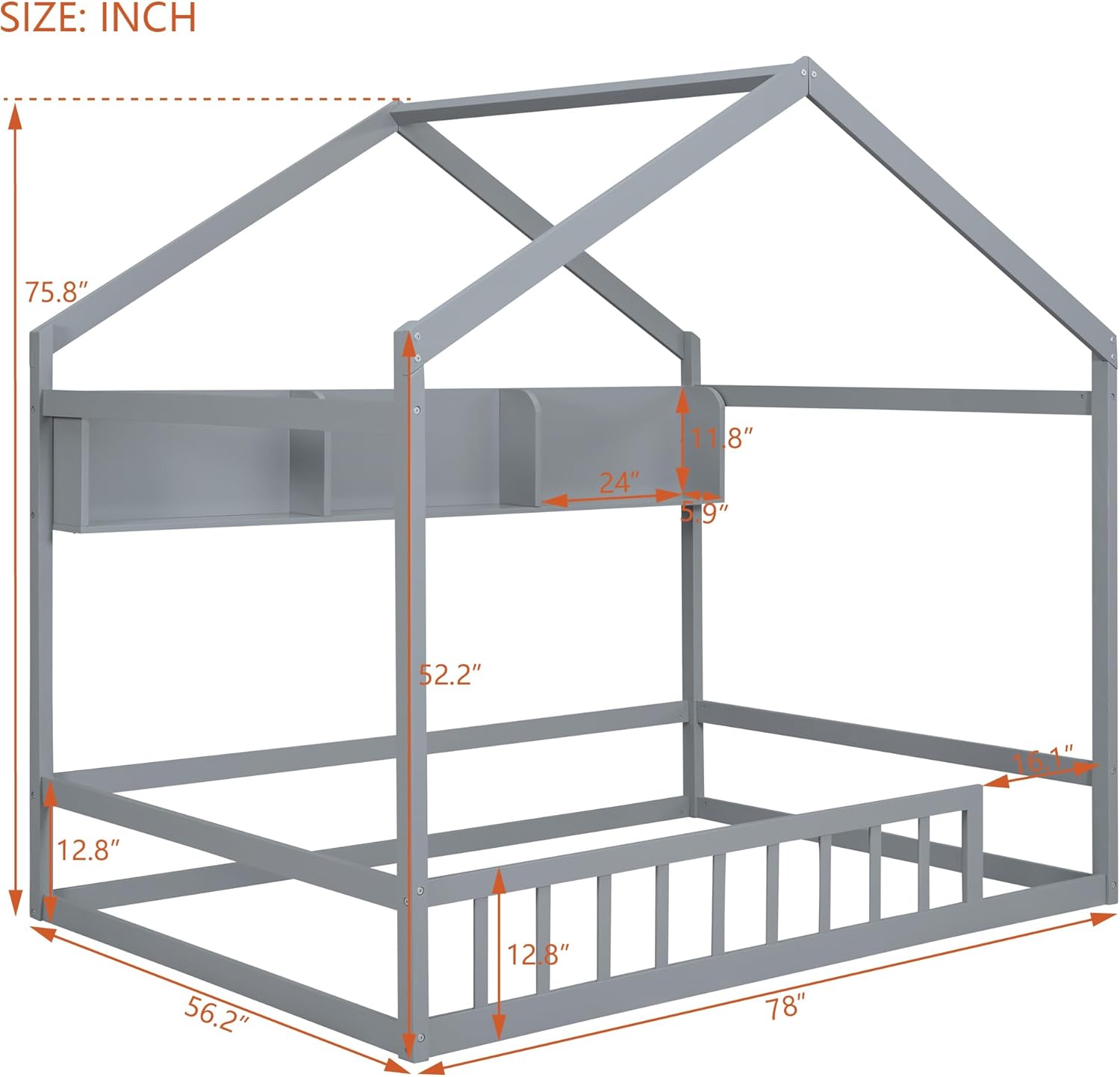 Harper & Bright Designs Full Size House Bed with Storage Shelf, Montessori Floor Bed with Fence and Roof, Wooden Full Bed Frame for Kids, Gray