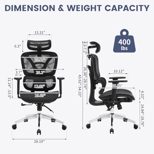 Ergonomic Office Chair, High Back Ergonomic Desk Chair with Adjustable Lumbar Support,Mesh Home Office Chair Gaming Chair with Footrest,Up to 400LB,Black