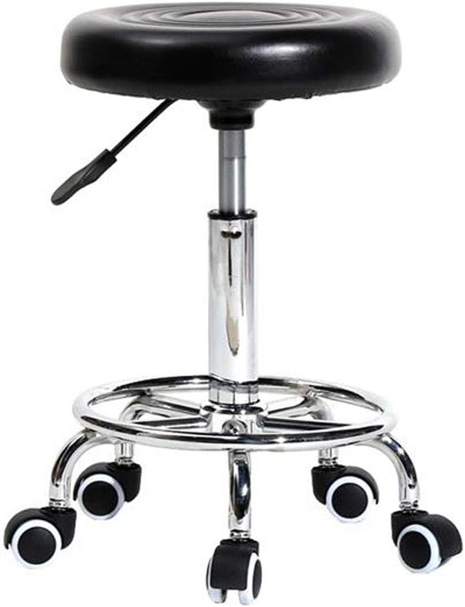 Adjustable Bar Stool with Wheels, Round Rolling PU Leather Cushion Stool Chair Swivel for Medical/SPA/Salon/Home/Massage - Black
