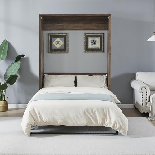 Full Size Murphy Wall Bed,Space-Saving Murphy Cabinet Bed for Bed Room,Guest Room,Home Office,Wood Slats Support,No Box Spring Needed,Brown