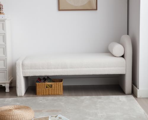 EALSON Velvet Entryway Bench Bedroom Bench End of Bed Modern Upholstered Ottoman Bench Window Seating Bench with Wood Frame/Arm/Roll Pillow for Living Room/Hallway, Beige