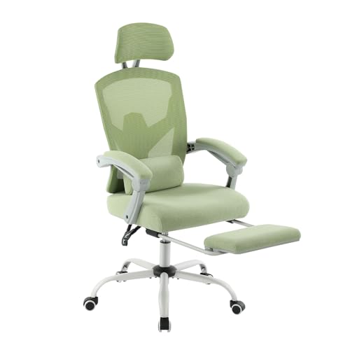 Ergonomic High Back Office Chair with 135° Reclining, Mesh Office Chair with Lumbar Support and Footrest, Adjustable Headrest - 360° Swivel Gaming Chair for Home Office, Study Room(Green)