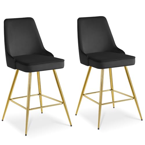 KithKasa Gray Velvet Counter Chairs Sets of 2, Modern Luxury 26 Inch Barstools with Golden Metal Legs Comfy Upholstered for Bar,Kitchen Island,Dining Room