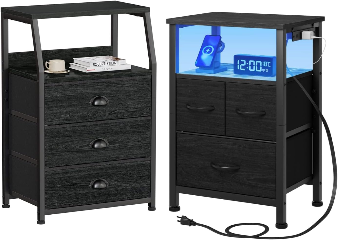 Furnulem Nightstands Set of 2, Small Nightstand with 3 Fabric Storage Drawers and 2-Tier Shelf+ Black Nightstand with Wood Shelf, Bedside Table with Led Light and Charging Station