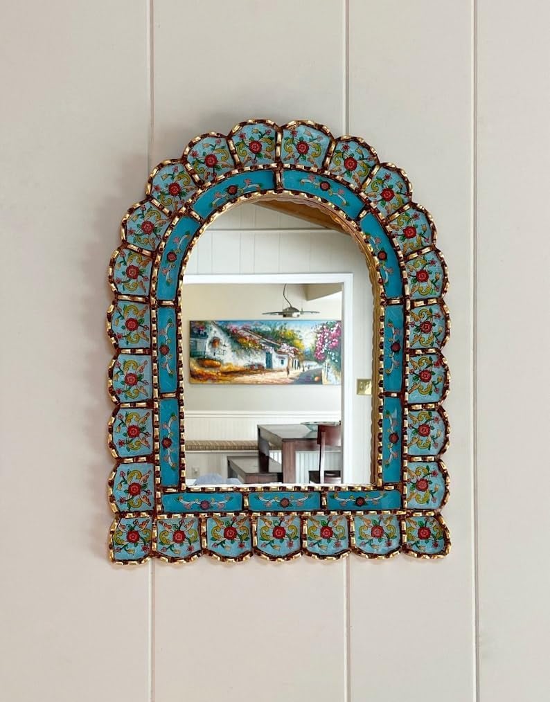 Aqua Blue Flower Arch Mirror, Stained Glass Mirror, Tropical Bohemian Mirror