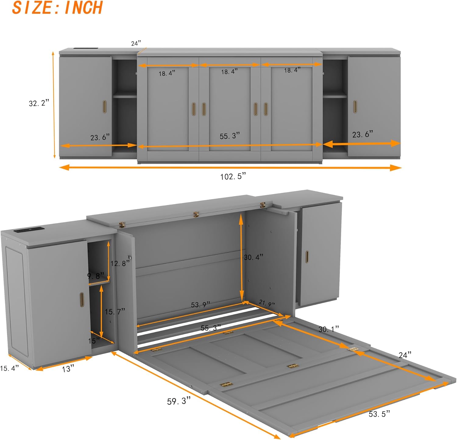 Full Size Murphy Bed with Storage Shelves and Cabinets,2 in 1 Murphy Cube Cabinet Bed with USB Ports,Space-saving Wooden Bedframe for Bedroom,Guest Room Lounge or Office, Apartment（Gray）
