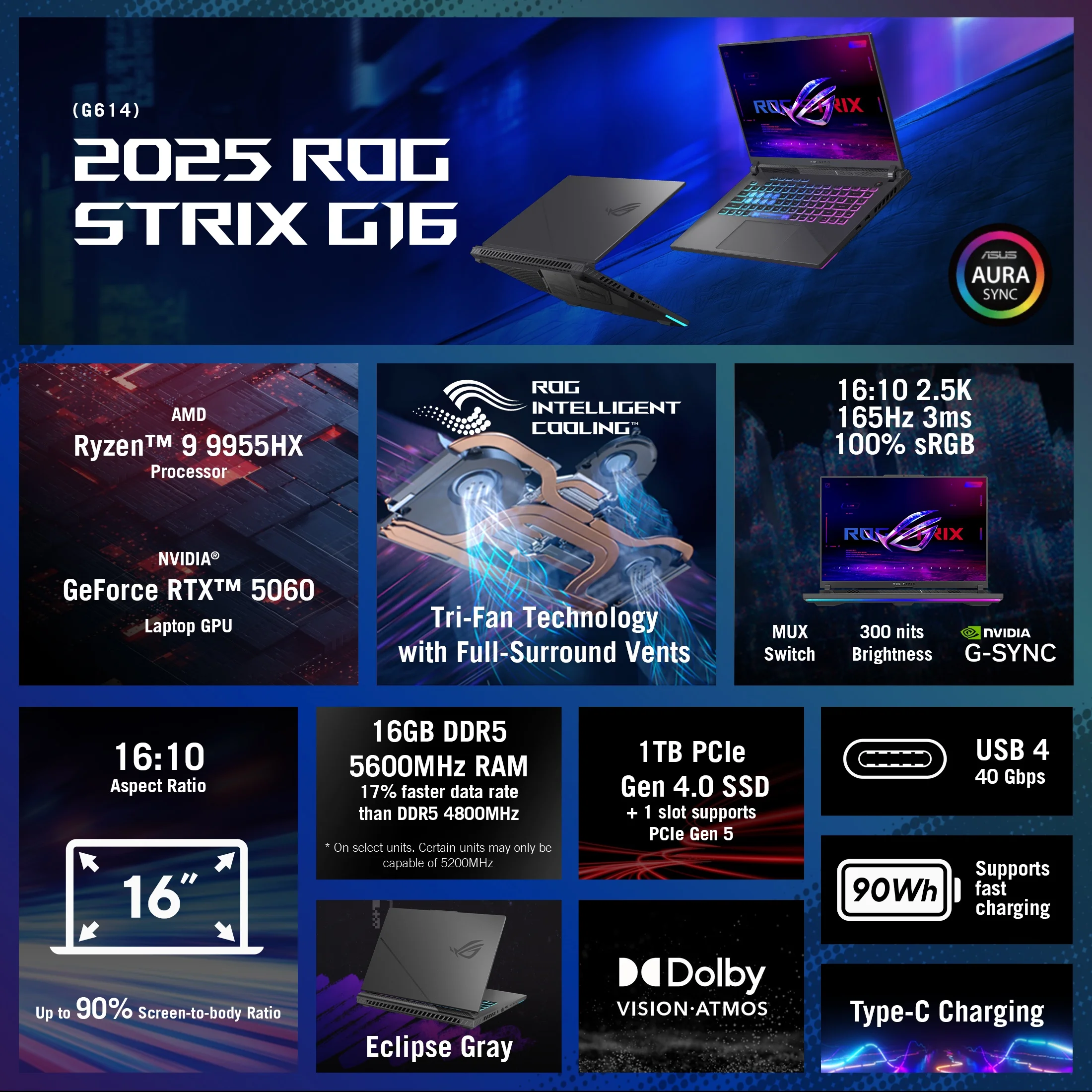 ASUS ROG Strix G16 (2025) Gaming Laptop, 16” WUXDA 165Hz/3ms AMD Ryzen 9 9955HX, NVIDIA GeForce RTX 5060 8GB VRAM 16GB DDR5-5600 RAM 1TB PCIe Gen 4 SSD Eclipse Gray