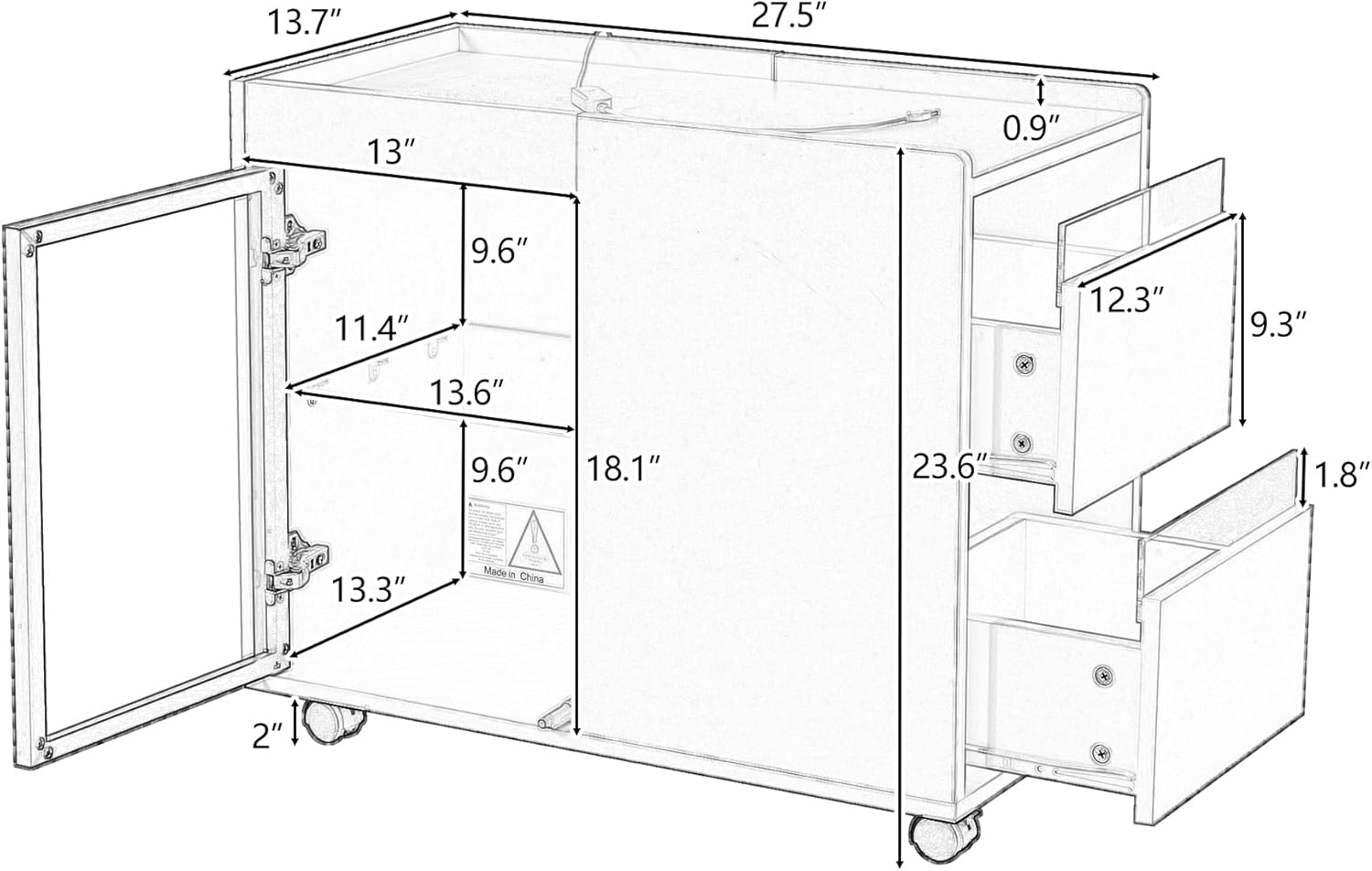LUMISOL Modern End Table with LED light and Wheels, Side Table with Transparent Brown Glass Door, 2 Storage Shelves and Drawers, Storage Sideboard for Living Room Apartment, White