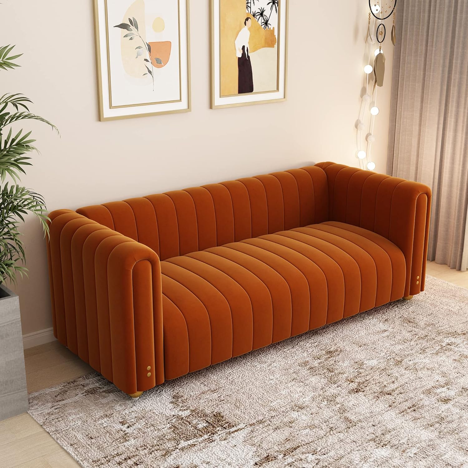 L-Shape Modular Sectional Sofa Couches with Ottoman for Small Space Mid Century Modern Couch Convertible Loveseat,Sectional Couch for Living Room 3 Seater Muebles Para La Sala (Velvet Fabric, Orange)