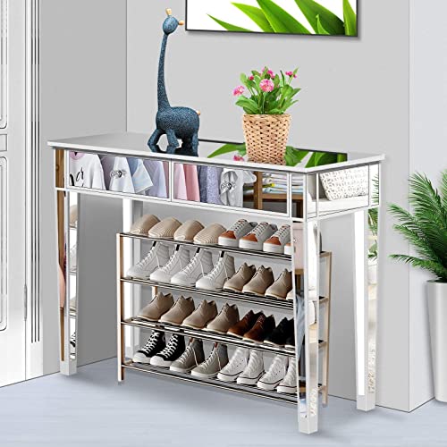 Mirror Table,Mirrored Makeup Vanity Table Desk, 3 Drawer Media Console Table for Women Home Office Writing Desk Smooth Finish with Crystal-Style Knobs (Antique Silver)