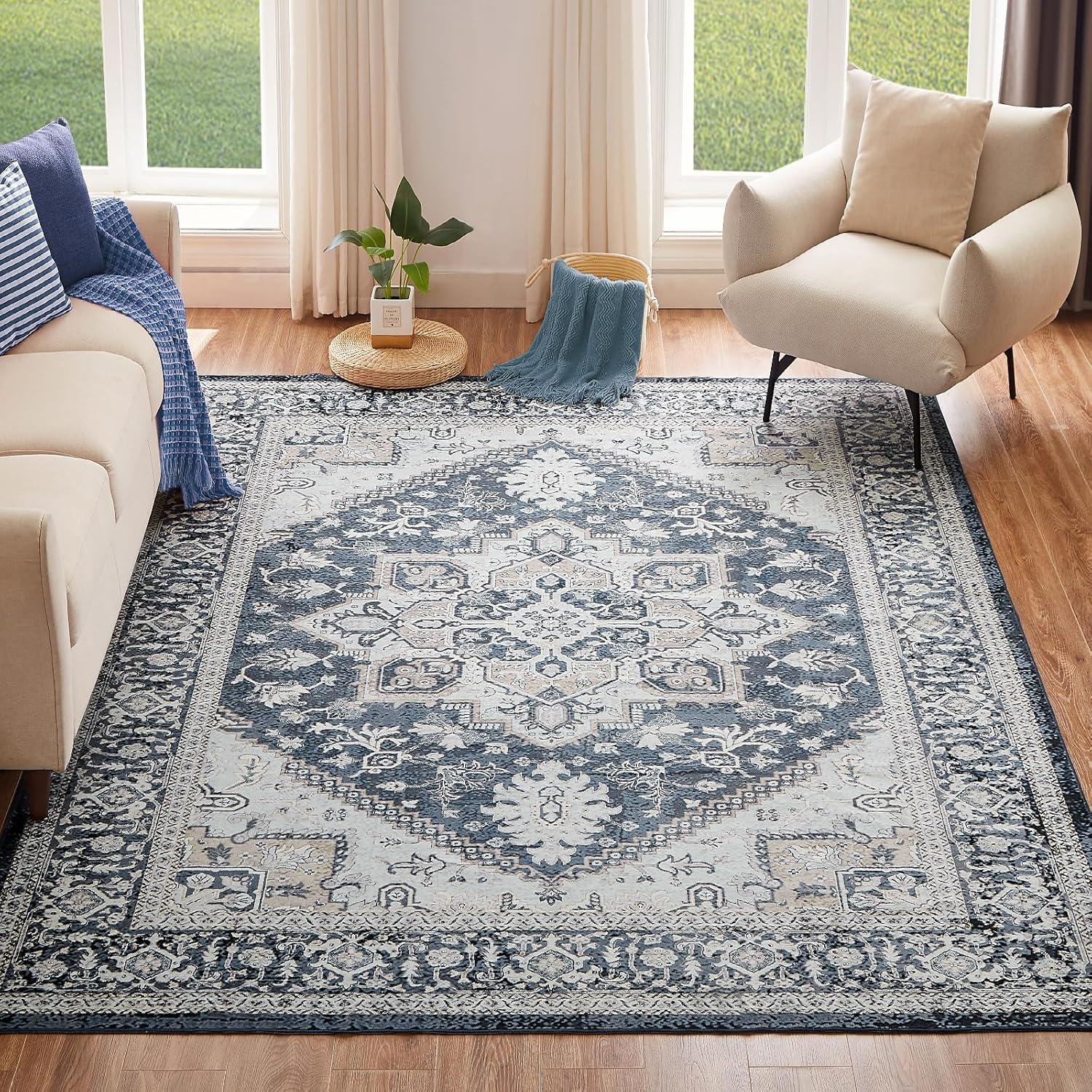 VK VK·LIVING Machine Washable Rug 8'x10' Vintage Design Washable Area Rugs with Non Slip Rugs for Living Room Bedroom Traditional Woven Rug Carpet Stain Resistant Dining Office Boho Rug (RoyalBlue)