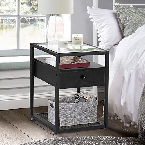 VECELO Nightstand,Glass Side End Table with Drawer and Shelf for Living Room,Bedroom,Lounge,Brown, 1 set, Classic Black