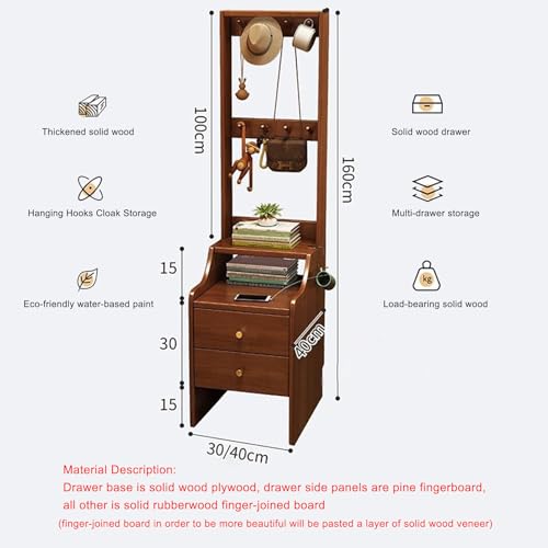 Bedroom Wooden Nightstand with Drawers Integrated Coat Rack, 17.72 Inch Freestanding Floor Tall Bedside End Table Night Stand with Open Clothes Storage Shelf for Bedroom Closet Entryway
