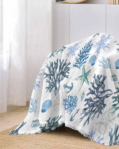 Nautical Blue Sofa Cover Couch Covers for 3-4 Cushion Couch Throw Couch Cover with Tassel Soft Sofa Slipcover Coastal Ocean Starfish Shells Texture White Couch Furniture Protector for Dog Pet 71