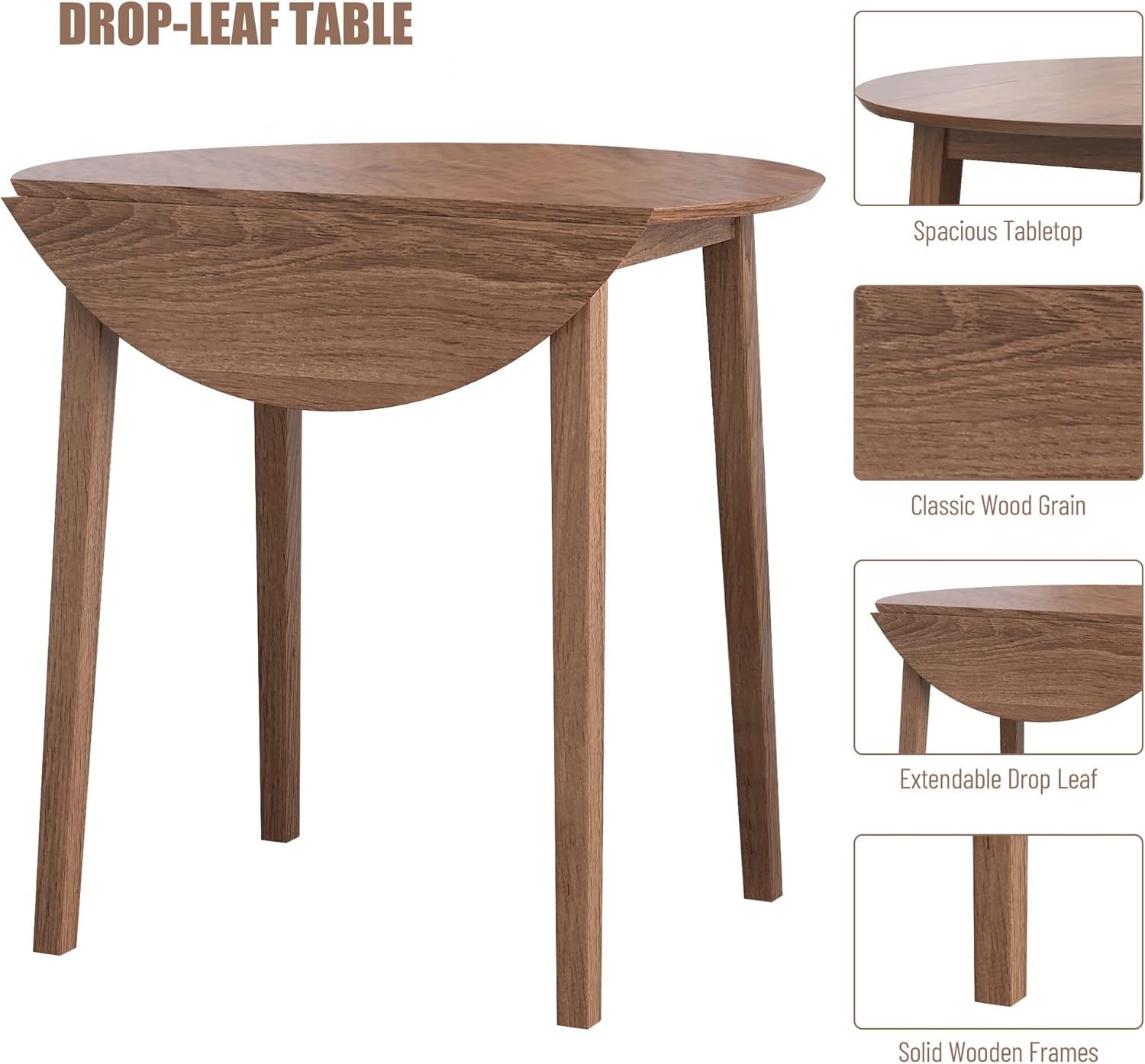 3PCS Retro Round Counter Height Drop-Leaf Table with 2 Upholstered Chairs Rubber Wood Dining Table Set Pub Set with PU Leather Cushion for Small Space Kitchen Walnut Color