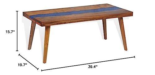 SKM Artisan Coffee Table, Teak and Resin Blend, Solid Mango Wood Base, Handcrafted, Multi-functional Modern Furniture, Multicolor, 39.4