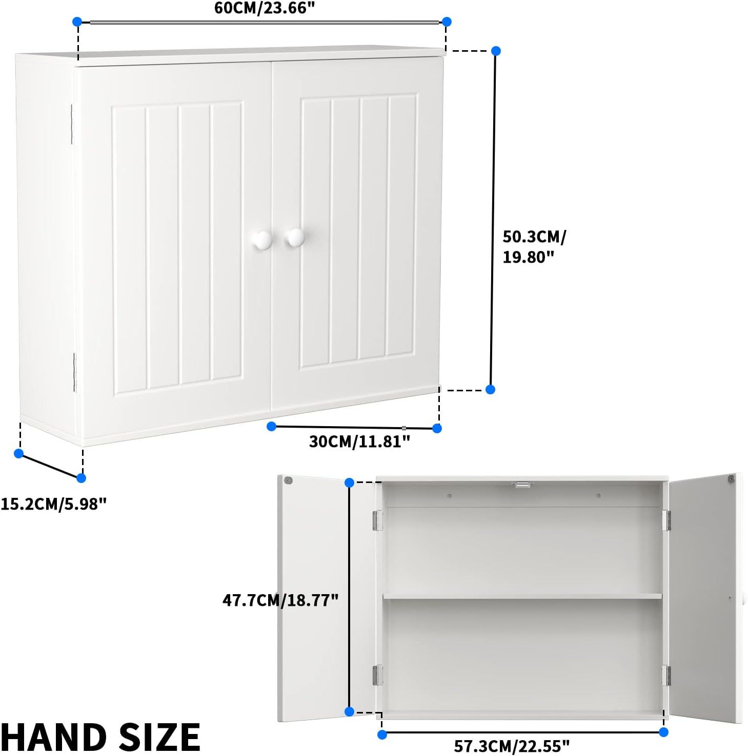 Bathroom Cabinet Storage, Wall Cabinet, Kitchen Storage Cupboard Hanging Bathroom Wall Organiser Unit, Double Doors with Adjustable 2 Shelf for Storage Toiletries, 23.6 * 20 * 6 Inch, White