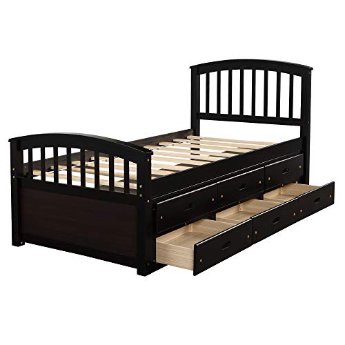JULYFOX Wood Bed Frame Queen with Storage, Solid Pine Wood Platform Bed with Headboard 4 Drawers Underneath 10 Shelves 4 Storage Cabinet No Box Spring Needed Space Saving(Queen,Espresso)