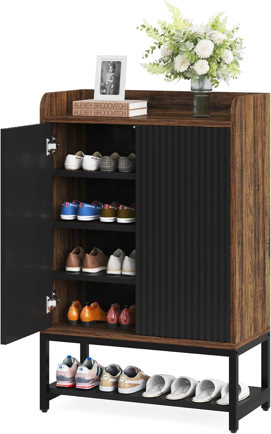 Shoe Cabinet with Doors, 5-Tier Wooden Shoe Storage Cabinet, Shoe Rack Organizer Cabinet for Entryway Hallway, Black and Brown