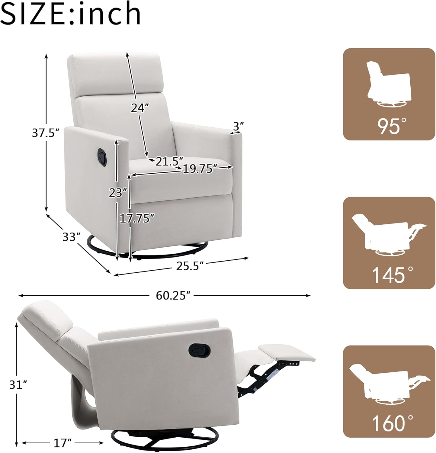 Modern Upholstered Rocker Nursery Chair Plush Seating Glider Swivel Recliner Chair, Beige