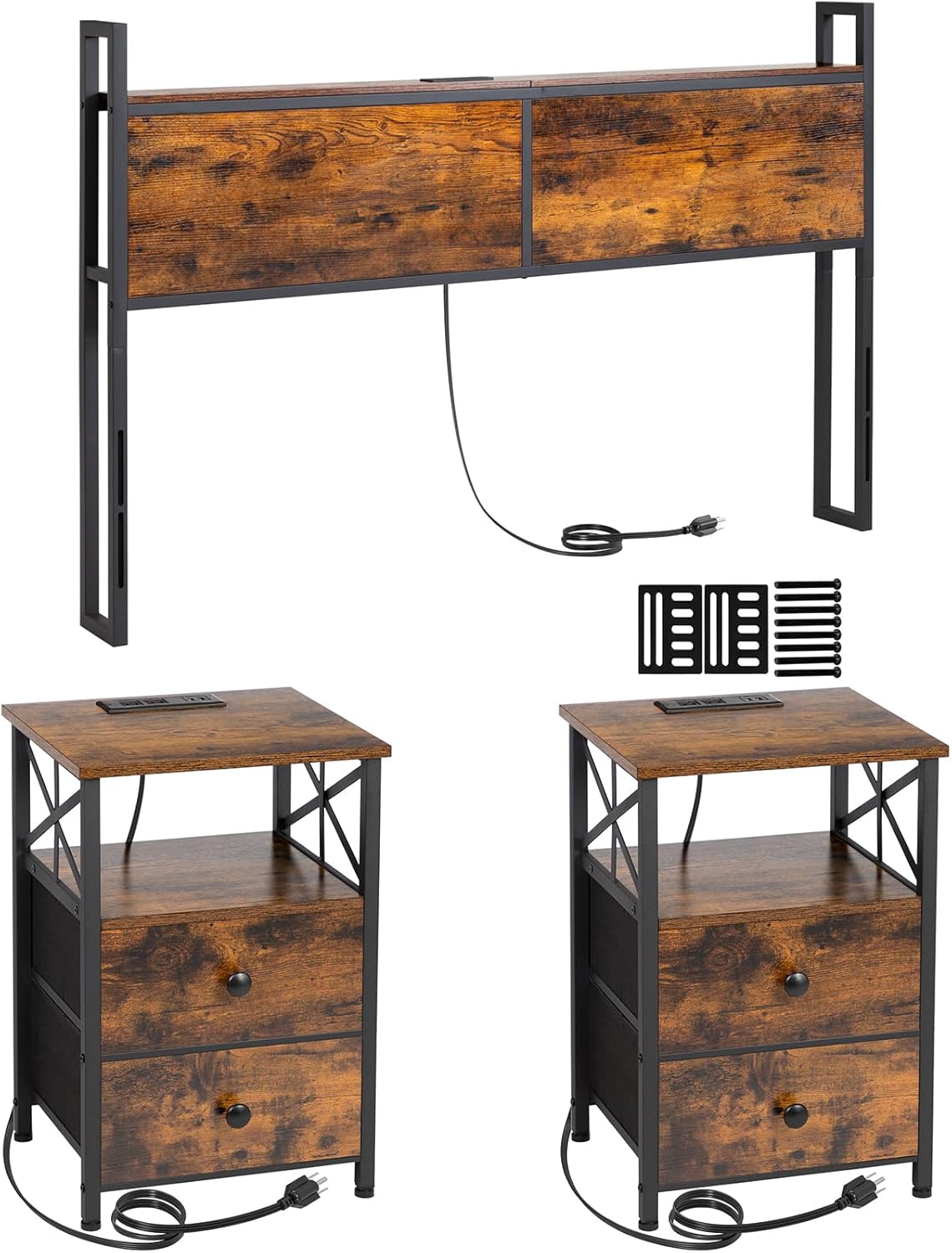 Headboard Queen Size,Nightstands, with Charging Station