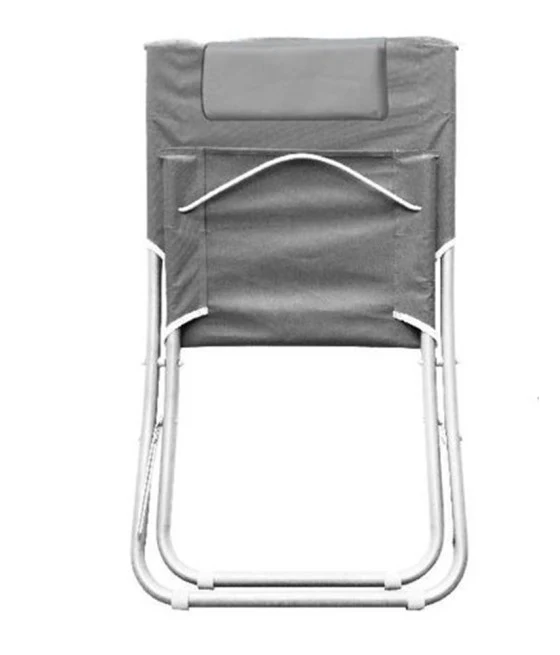 Tragbarer, zusammenklappbarer, grauer Strandstuhl mit Kopfteil und Kissen
