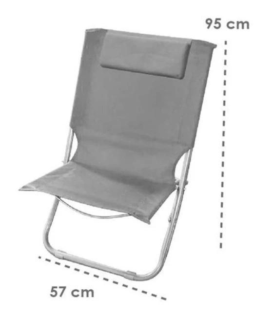 Tragbarer, zusammenklappbarer, grauer Strandstuhl mit Kopfteil und Kissen
