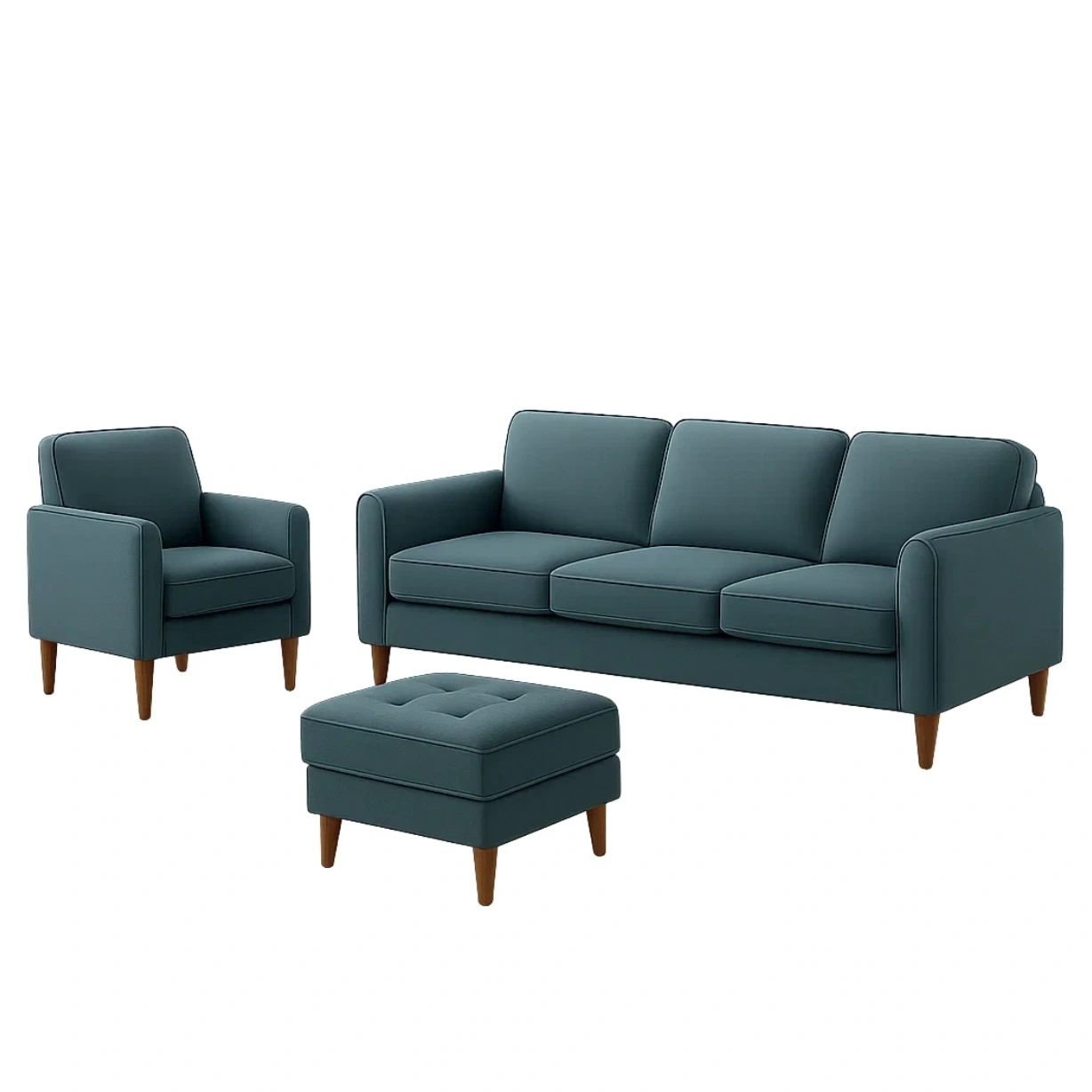 Sofagarnitur, 4-Sitzer, Stoffbezug, Farbe: Türkis, Holzgestell, modernes Design, einfache Montage, Sofa 190 x 85 x 75 cm, Sessel 75 x 85 x 75 cm, Hocker 60 x 60 x 40 cm, für Wohnzimmer - 4rdzaTLLpKSC