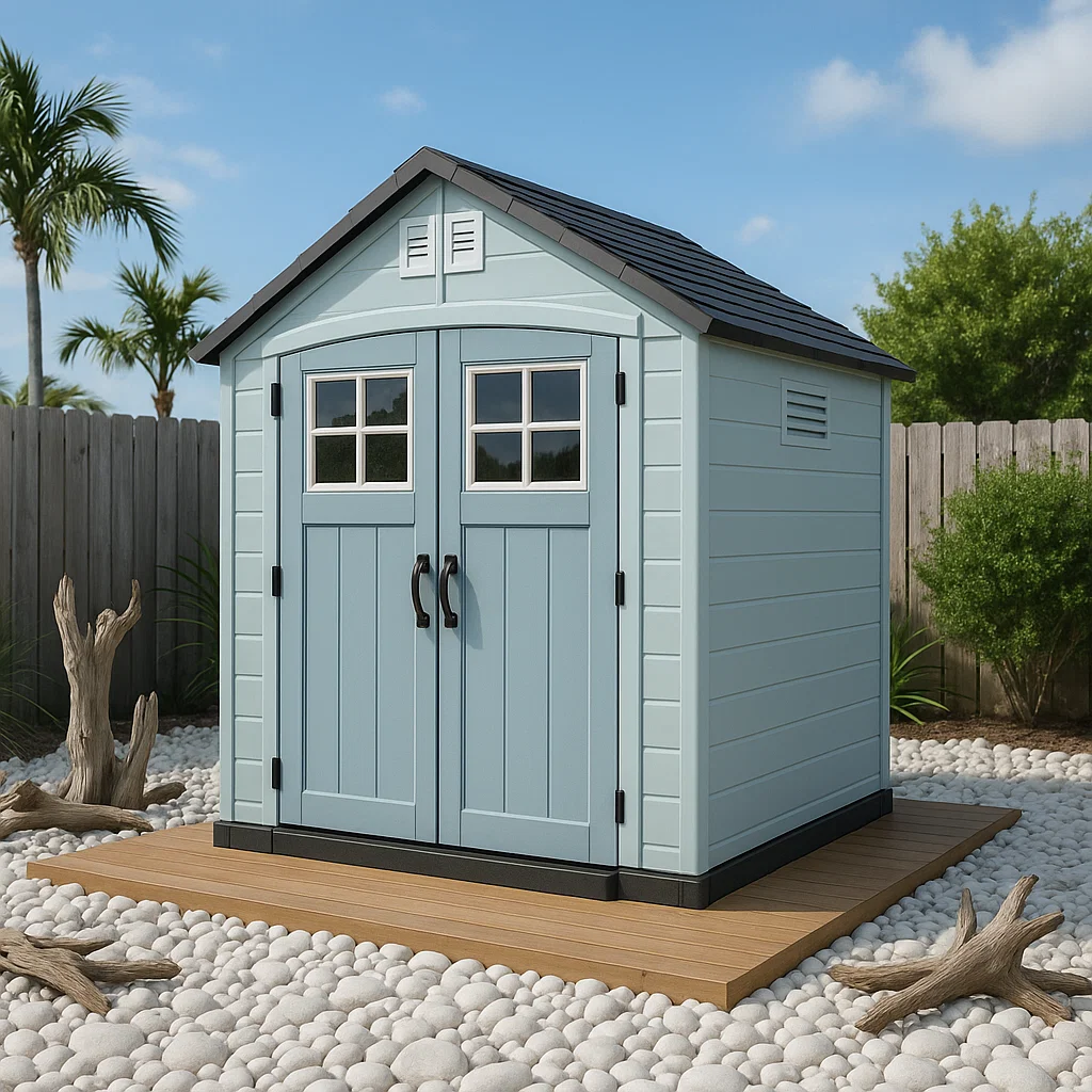 Gartenhaus, hellblaues und schwarzes Gartenhaus aus Kunstharz für den Außenbereich, 185 x 160 x 215 cm zUiKhpO201Mh