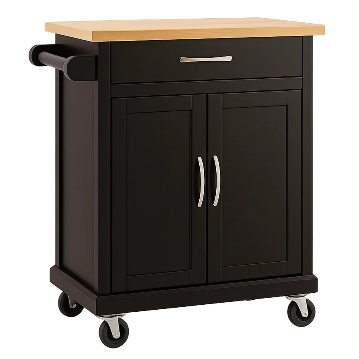 Kücheninsel, rechteckig, MDF, schwarz, mit heller Holzarbeitsplatte, auf Rollen und Schrank mit Schublade, 91 x 45 x 89 cm, für den Hausgebrauch. - blMAuTUwKxoP